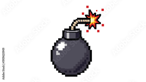Black bomb with a lit fuse and spark in retro pixel art style for video game and pop culture inspired graphic design projects.