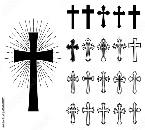 Variety of christian crosses depicted in black and white including a radiant cross symbol high quality