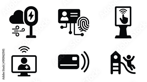 Smart city technology icons set showing electric charging fingerprint scan and telemedicine
