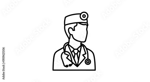 Medical doctor wearing a headlamp and stethoscope representing a specialist for ear, nose, throat examination on isolated white background