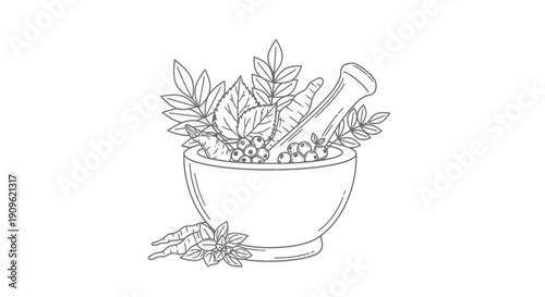 Mortar and pestle filled with natural herbs and ingredients for alternative medicine on isolated white background