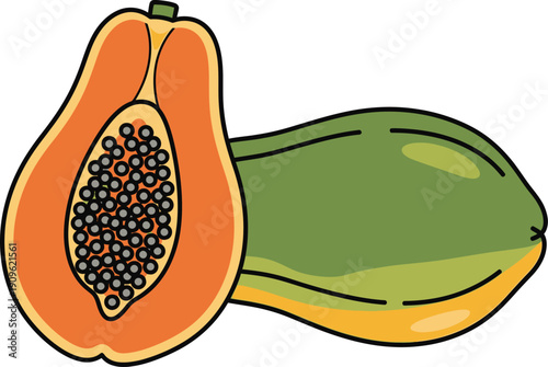 Papaya fruit illustration with one half cut open