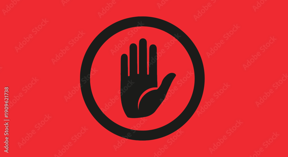 Obraz premium A bold black stop hand symbol within a black circle on a vibrant red background, signifying prohibition or warning.