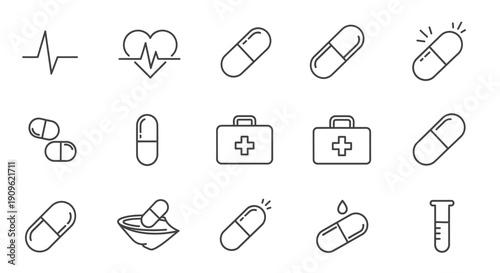 Collection of Medical and Healthcare Line Icons Featuring Pills, Heartbeat, First Aid Kit, and Test Tube on Isolated White Background