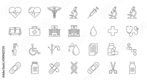 Essential Medical Diagnostic and Treatment Line Icons Set on Isolated White Background
