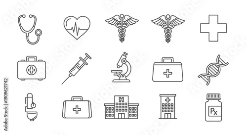 Extensive Medical and Healthcare Services Line Icons Collection on Isolated White Background