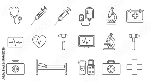 Comprehensive Medical Equipment and Healthcare Service Line Icons Set on Isolated White Background