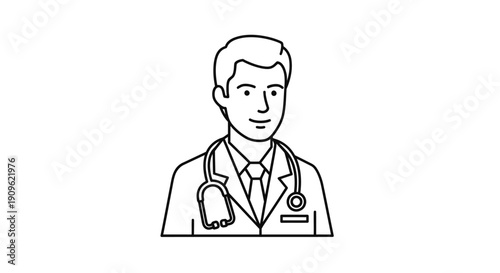 Professional Male Doctor with Stethoscope in Outline Style, Isolated White Background