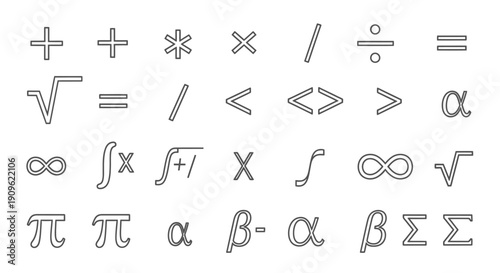 Essential Mathematical Symbols and Operators for Algebra and Calculus, Isolated White Background