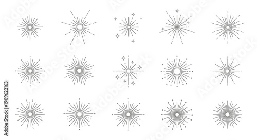 Collection of various starburst, sparkle, and sunburst effect elements, depicting light rays and radial explosions on an isolated white background.