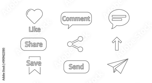 Set of popular social media engagement line icons, including symbols for like, comment, share, save, and send, on an isolated white background.