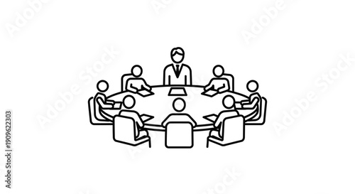 Group of business people engaging in a meeting around a round table, discussing and collaborating on an isolated white background.