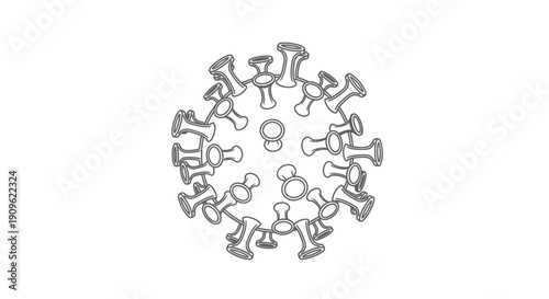 Outline illustration of a Coronavirus (COVID-19) particle, representing disease, pandemic, and medical research on an isolated white background.