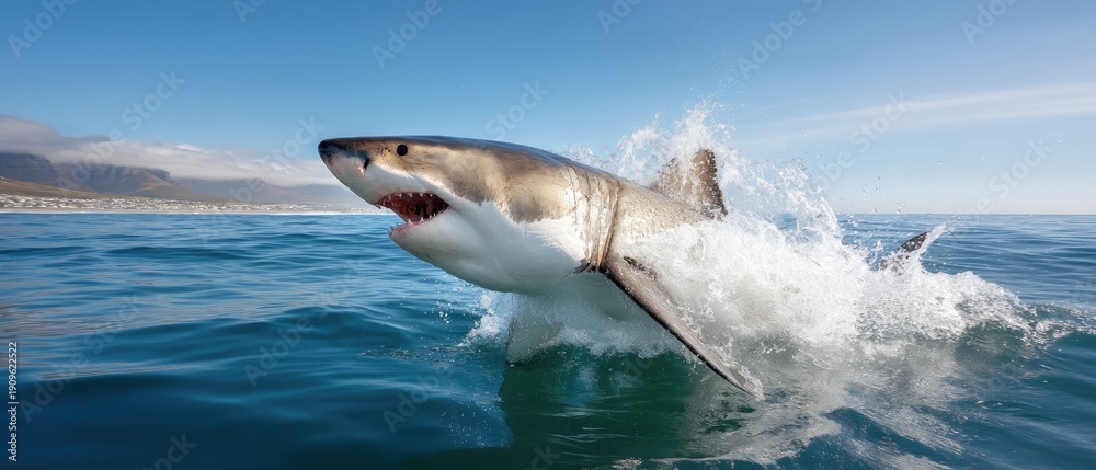 Fototapeta premium Dramatic moment of white shark jumping out of ocean with mouth open in wide-angle shot, captured during daylight near coastal area