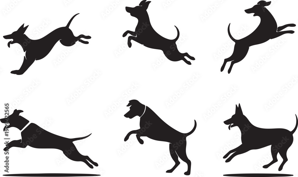 Fototapeta premium Dynamic Silhouette Dogs Jumping And Running Action Sequence