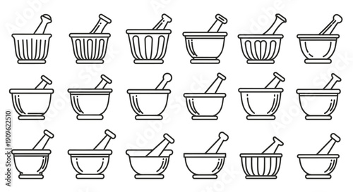 Set of various mortar and pestle line icons for pharmacy and cooking on an isolated white background.