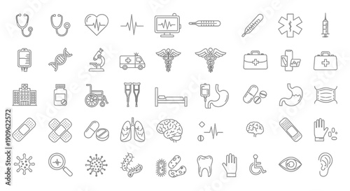 Comprehensive Set of Medical and Healthcare Line Icons, Representing Various Tools, Conditions, and Services on an Isolated White Background.