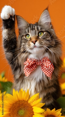 Tabby cat with red bowtie and sunflowers on orange background