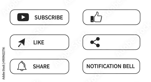 Collection of Social Media YouTube Style Interaction Buttons: Subscribe, Like, Share, Notification Bell Outline on Isolated White Background.
