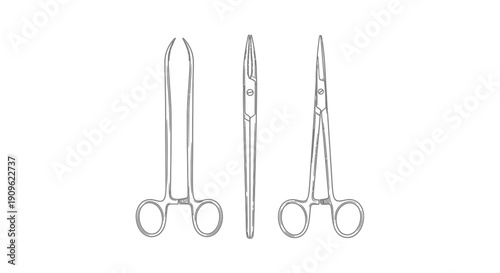 Collection of Surgical Instruments Forceps and Scissors Outline on Isolated White Background.