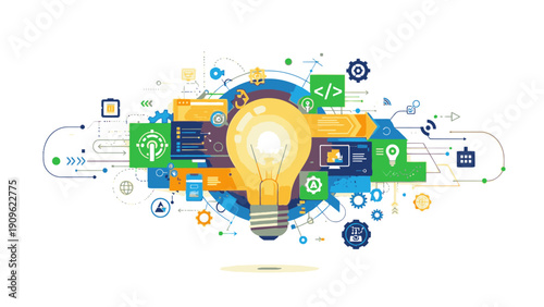 A creative concept illustration of a glowing lightbulb surrounded by various colorful icons and symbols on a white background with a mix of blue, green, yellow and orange hues.