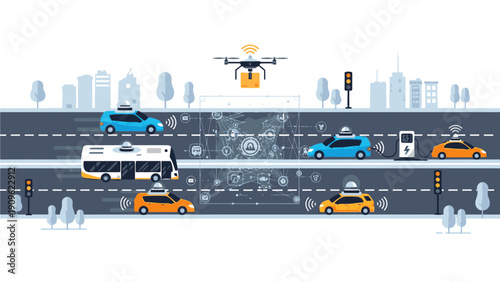 Illustration of a busy city road with various vehicles and a drone flying overhead against a city skyline background with a futuristic and technological mood.