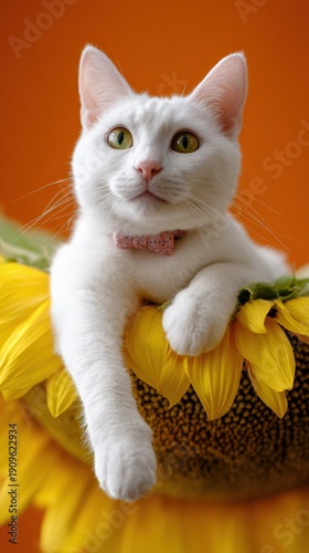 White cat relaxing on sunflower with orange background