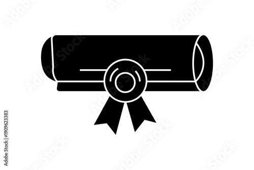 This image is a flat, minimalist icon representing a diploma or certificate scroll. It is rendered in a solid black and white (glyph) style, commonly used in educational or professional contexts.