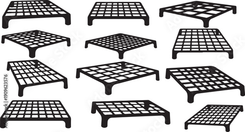Collection of black metal grid shelves on white background