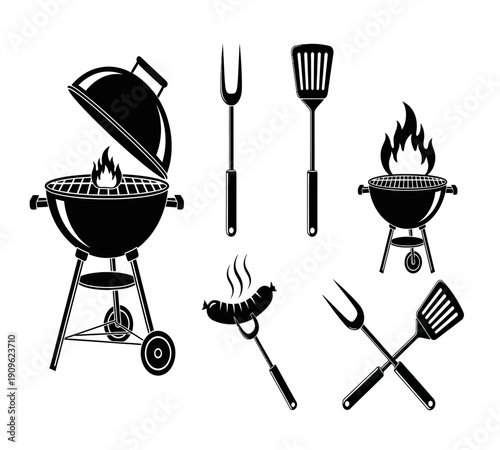 Black and white illustration depicting grilling tools a barbecue and cooked sausage high quality professional detailed
