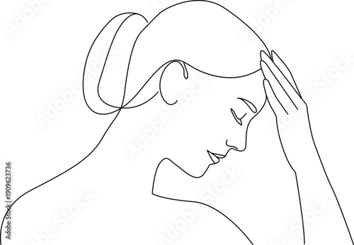 A person wearing headphones and resting their head on their hand in a thoughtful pose. Vector