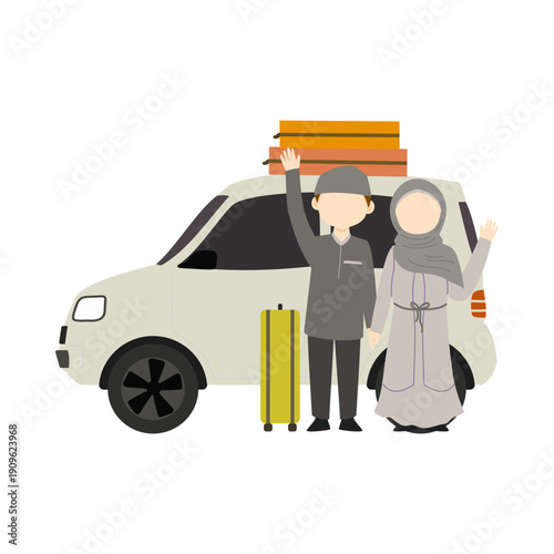 Joyful Muslim couple ready for a road trip, standing by their car with packed luggage, waving goodbye for an adventure