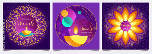 Diwali festival of light, India cultural tradition, national holidays,  set of  greeting cards, posters, vector