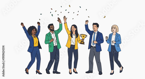 A group of people celebrating success with a trophy and confetti