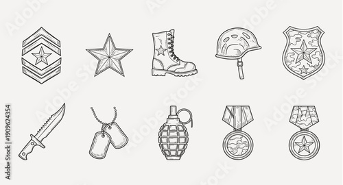 Military award and equipment outline icon set with medal badge helmet boot grenade knife and shield symbols