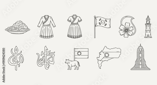 Collection of diverse cultural icons and symbols in a clean line art style