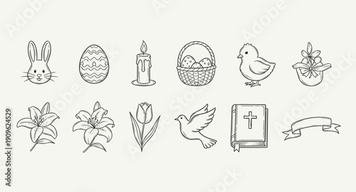 Collection of hand-drawn Easter and religious symbols in a simple line art style