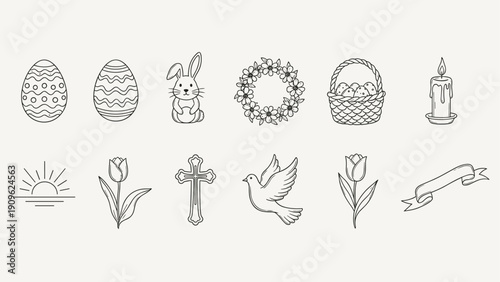 Collection of Easter and spring holiday icons in a simple line art style