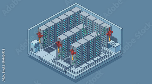 Isometric illustration of server racks in a data center room with green vines and red Chinese lucky knots, concept for sustainable technology, lunar new year and digital infrastructure