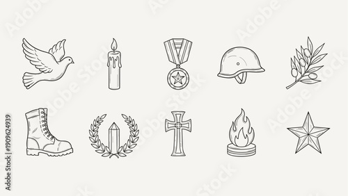 Collection of hand-drawn icons representing peace, remembrance, and military service
