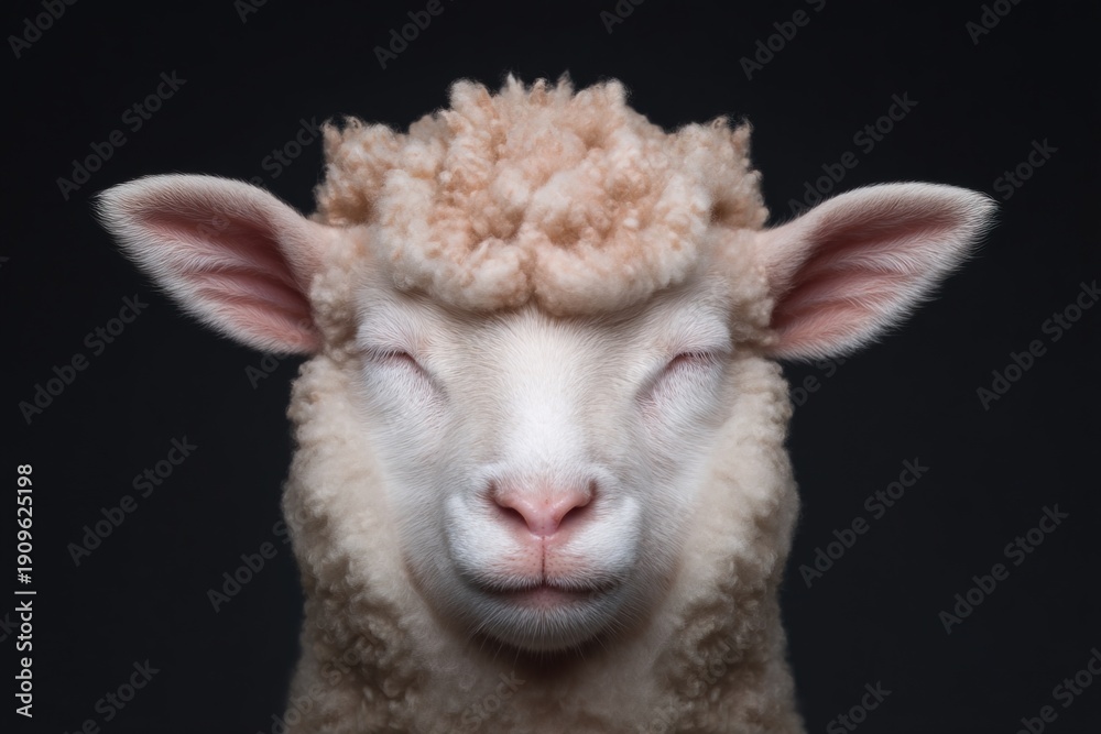 Obraz premium Fluffy sheep with closed eyes stands still against dark background