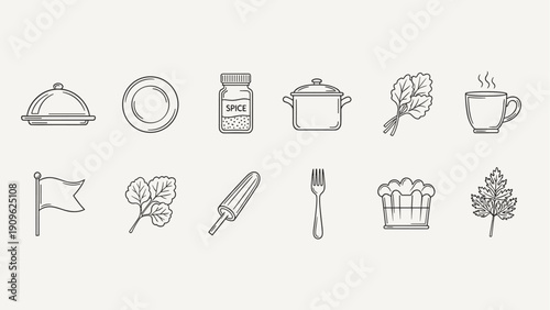Collection of simple line art icons representing food and kitchen items