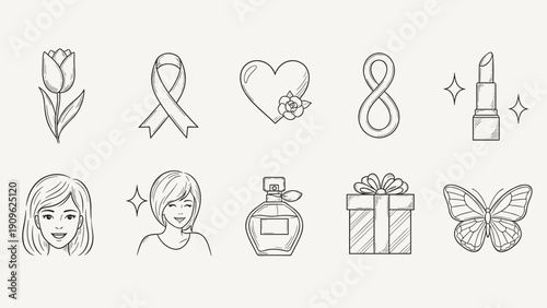 Collection of hand-drawn icons representing women's day and beauty themes