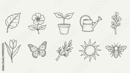 Collection of hand-drawn spring and garden icons including a leaf, flower, plant, and bee
