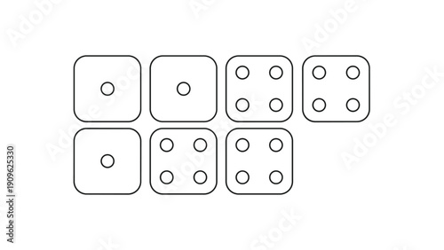 Seven white gaming dice showing various numbers from one to six, isolated on a white background for board game and gambling concepts.