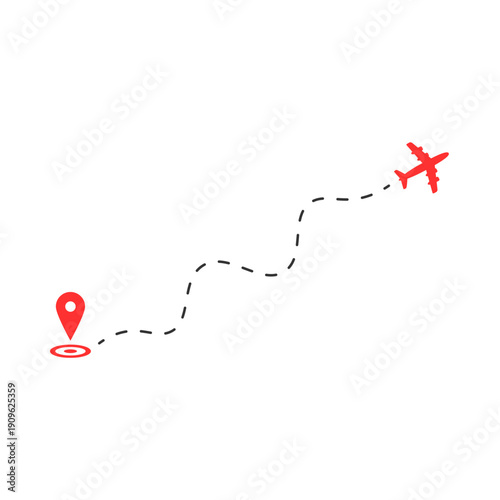 Airplane route with location pin indicating destination, symbolizing travel and journey