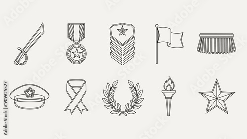 Collection of military and patriotic symbols in a clean line art style