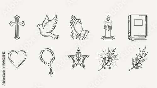 Collection of religious and spiritual symbols in a minimalist line art style