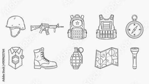 Collection of military and survival gear icons in a clean line art style