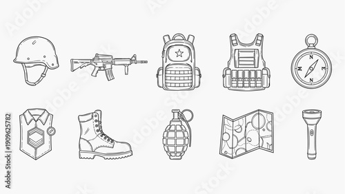 Collection of military and survival gear icons in a clean line art style